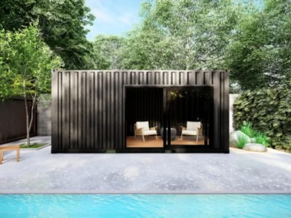 Pool house en conteneur avec baie vitrée et local fermé – Image 3