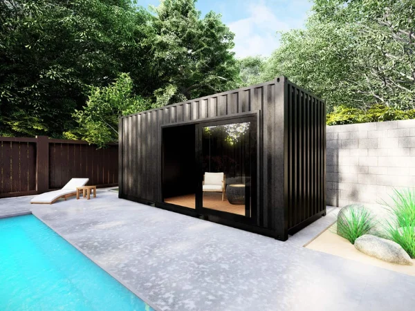 Pool house en conteneur avec baie vitrée et local fermé – Image 4