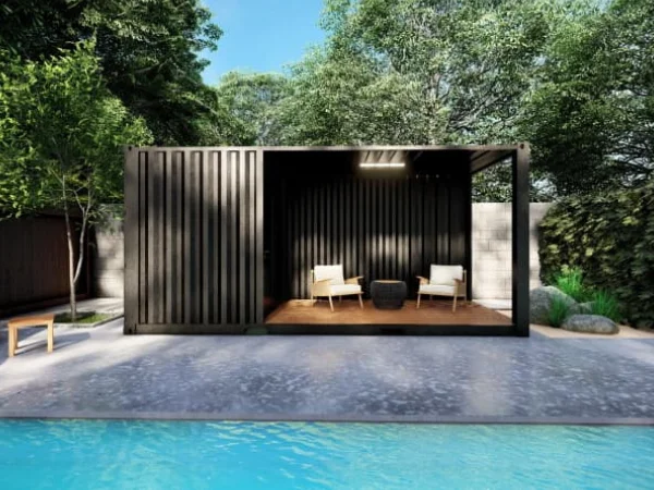 Pool house en conteneur avec terrasse ouverte et local fermé